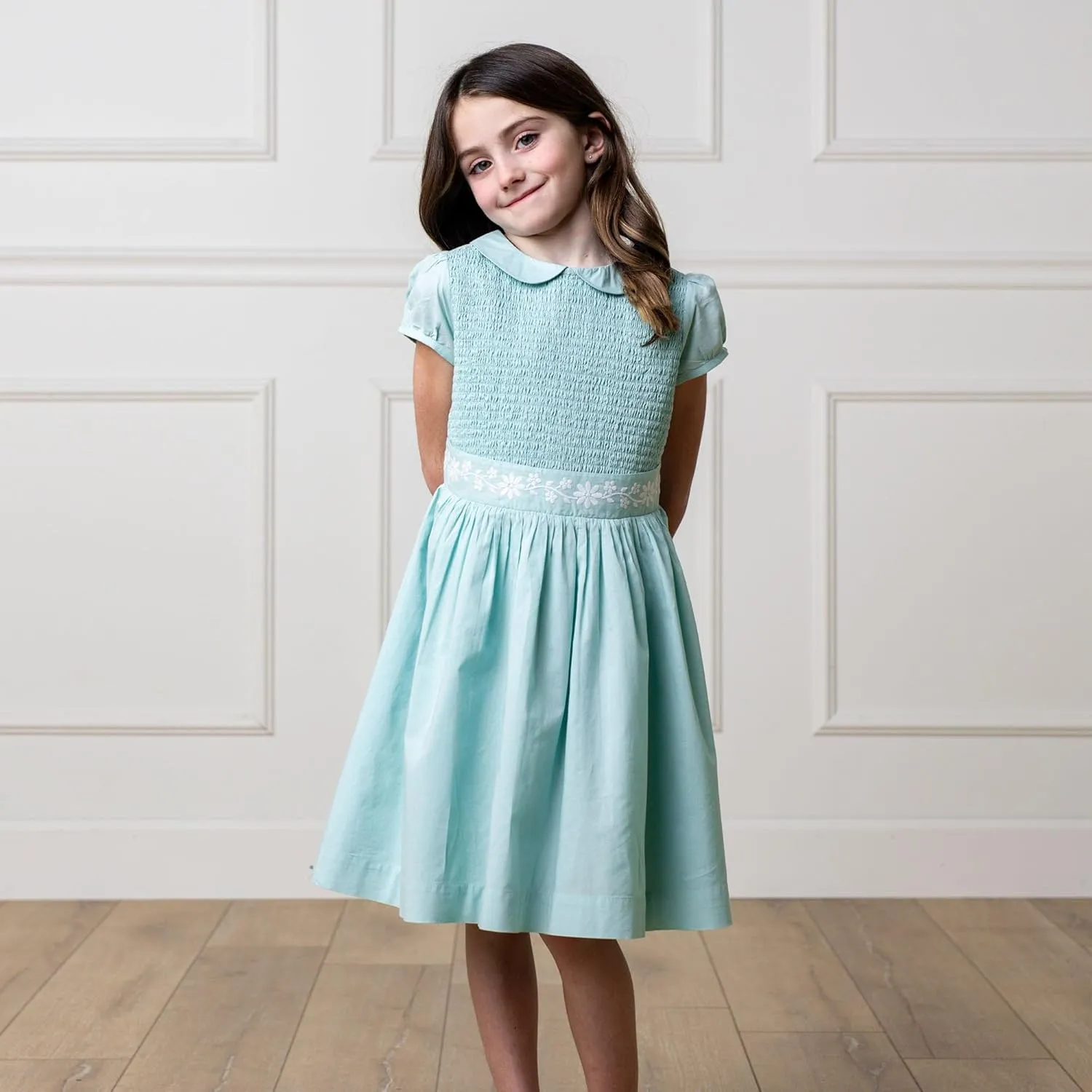 Hope & Henry Layette Baby Girl Woven Short Sleeve Dress with Peter Pan Collar
