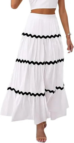 IDOPIP Women High Rise Rickrack Trim Maxi Skirt Casual Boho Tiered Long Skirt Elegant Beach Loose Flowy A-line Swing Skirt