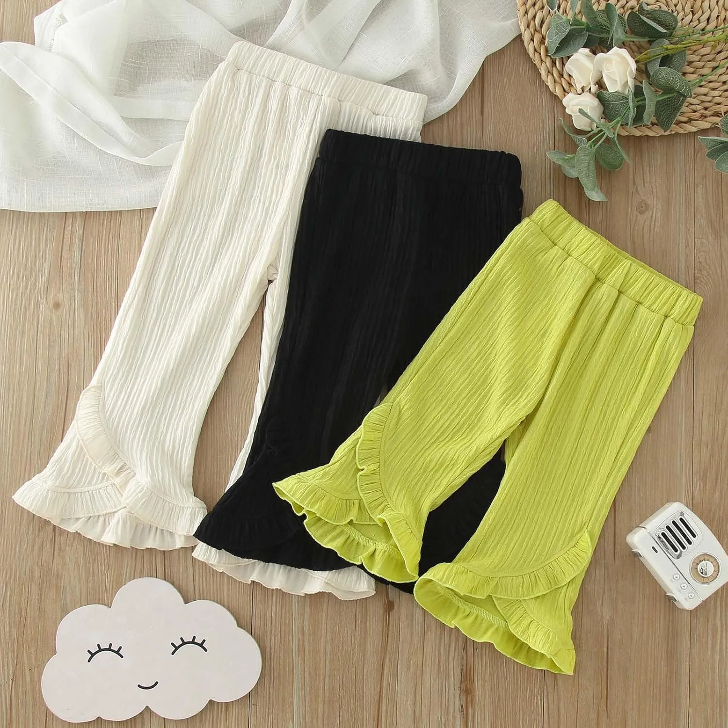 Infant Baby Girls Solid Color Casual Flare Pants Elastic Waist Ruffles Hem Bell Bottom Trousers Baby Pants 12 Months