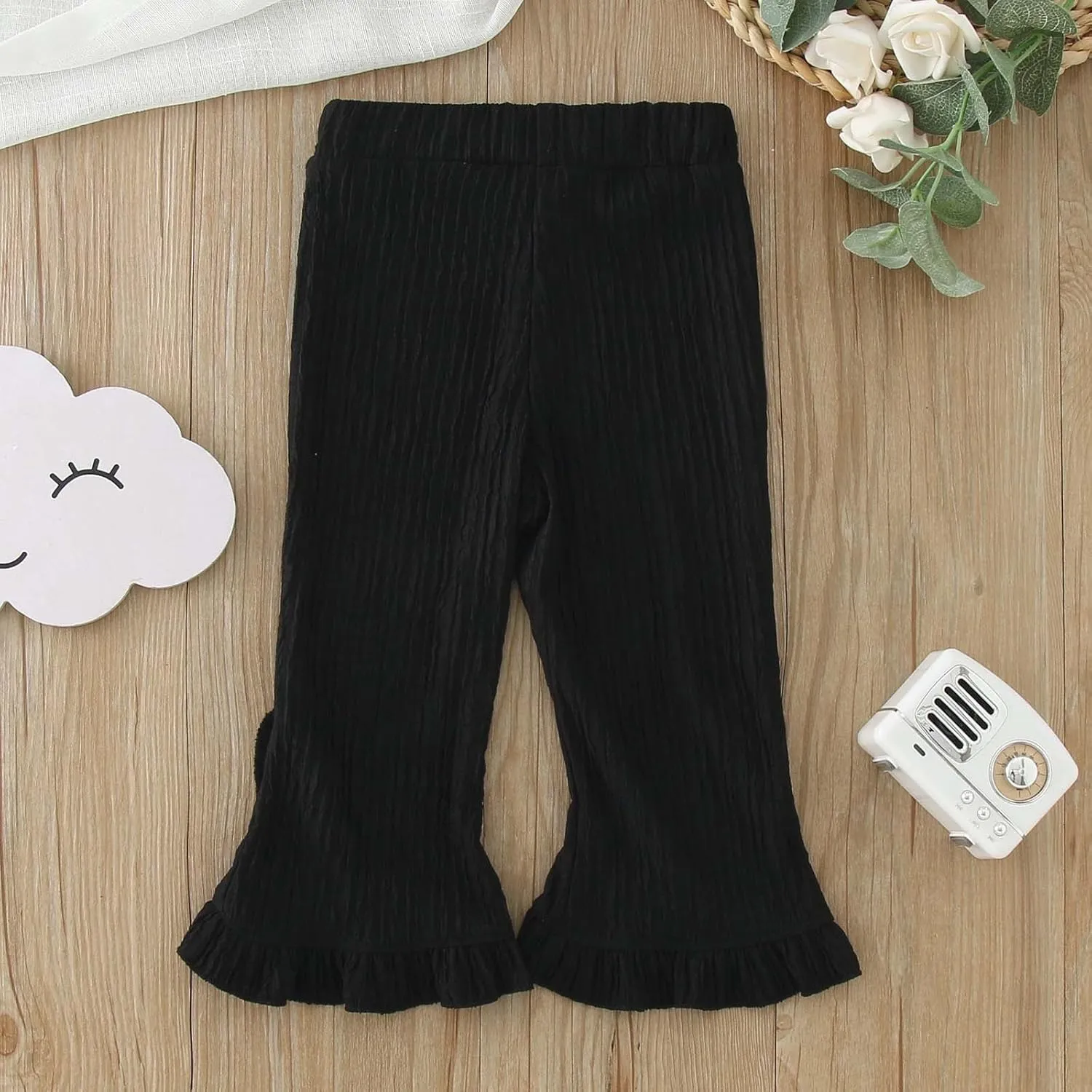 Infant Baby Girls Solid Color Casual Flare Pants Elastic Waist Ruffles Hem Bell Bottom Trousers Baby Pants 12 Months