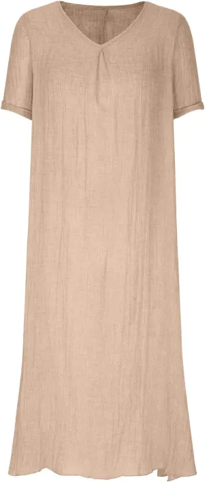 JOAU Womens Cotton Linen Maxi Dress Summer Short Sleeve V-Neck T-Shirt Dresses Casual Flowy Beach Cover Up Long Dress