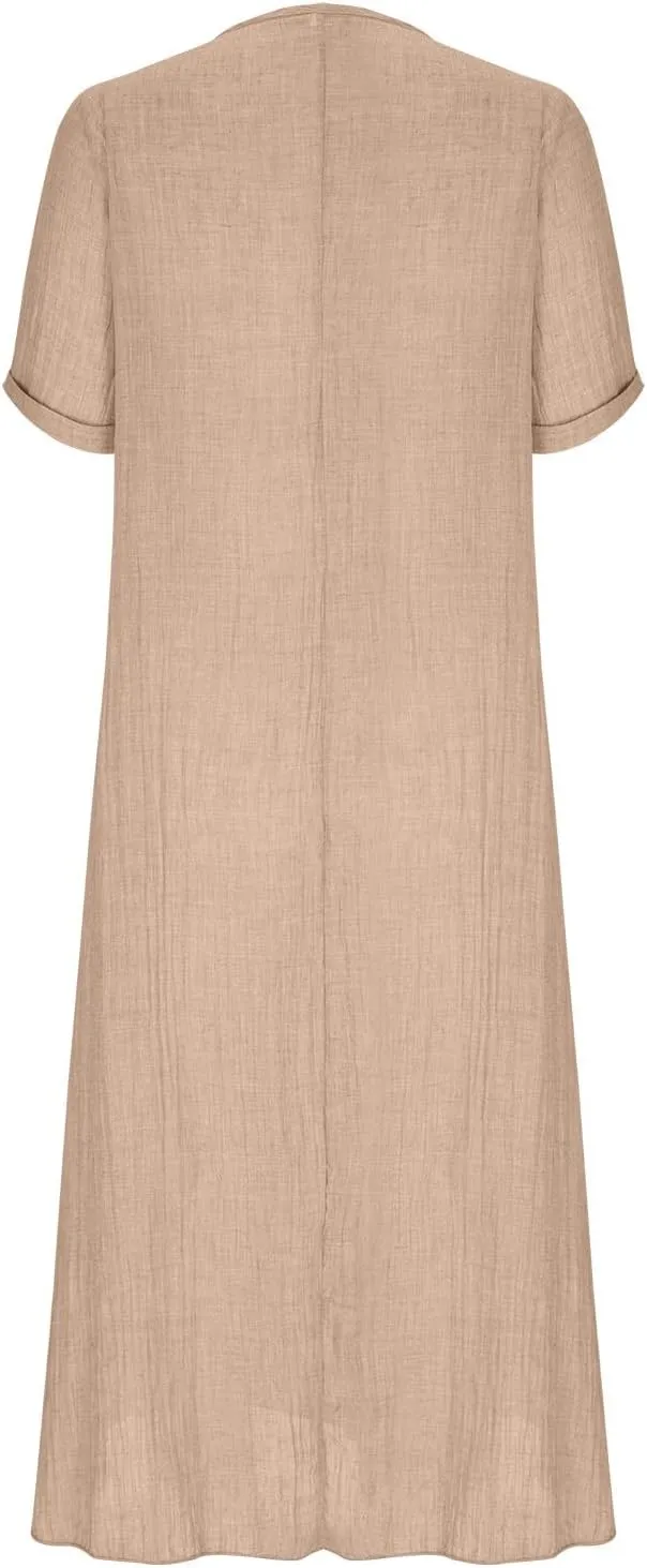 JOAU Womens Cotton Linen Maxi Dress Summer Short Sleeve V-Neck T-Shirt Dresses Casual Flowy Beach Cover Up Long Dress