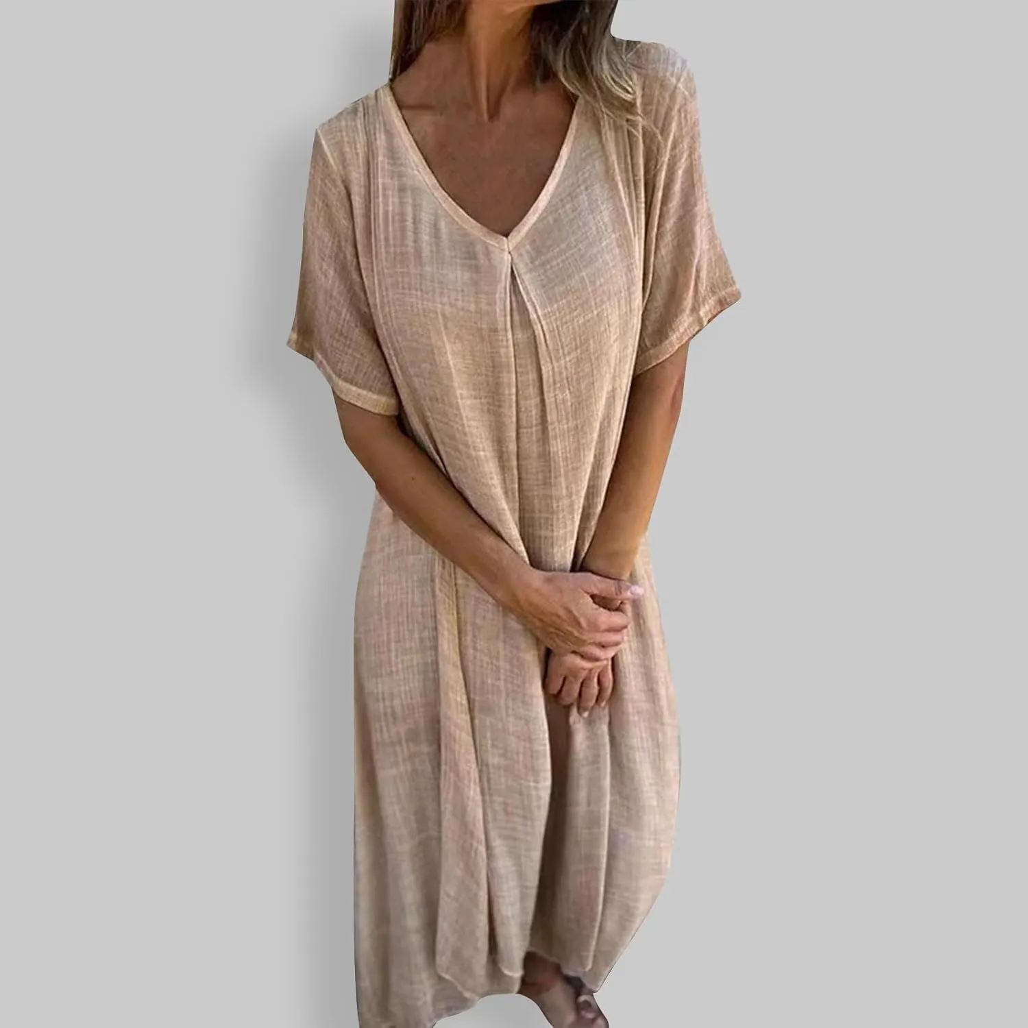 JOAU Womens Cotton Linen Maxi Dress Summer Short Sleeve V-Neck T-Shirt Dresses Casual Flowy Beach Cover Up Long Dress