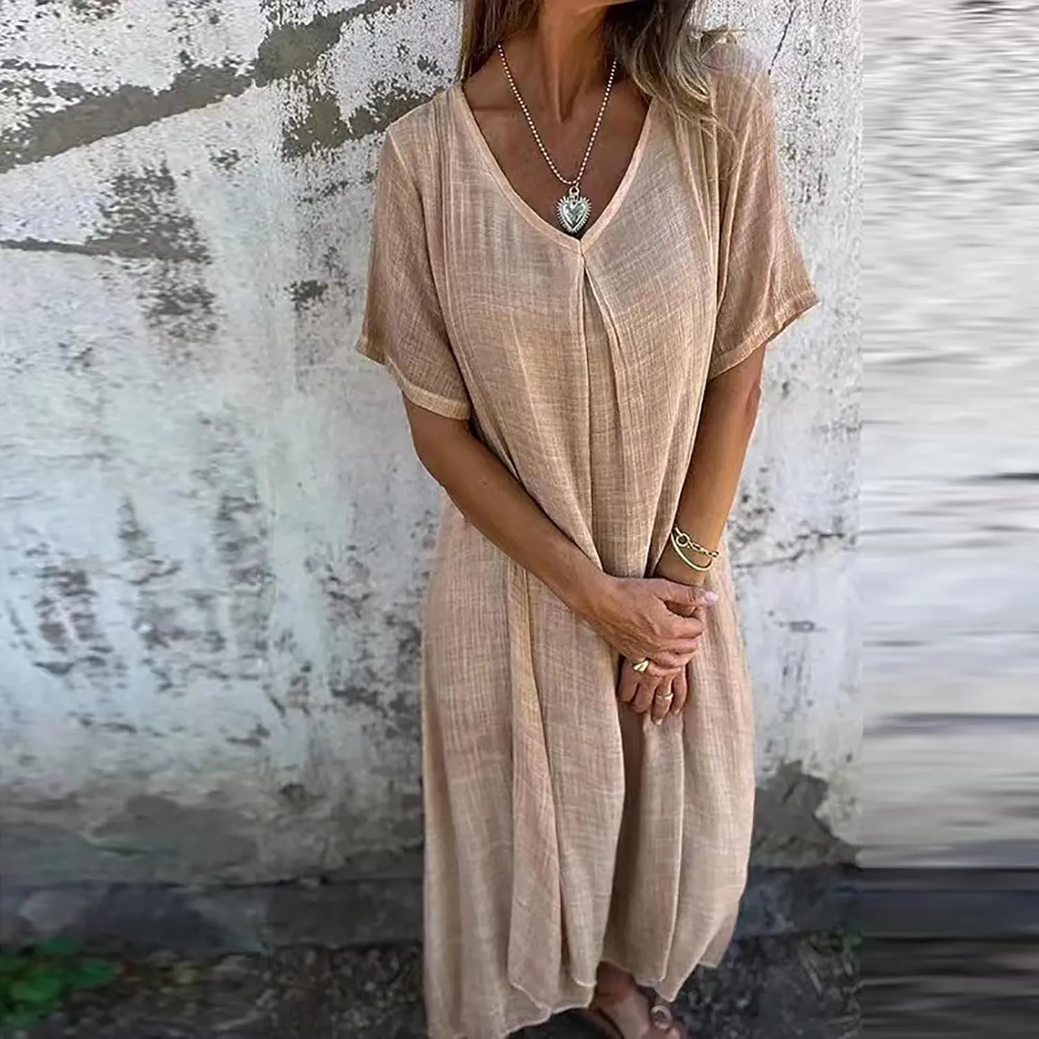 JOAU Womens Cotton Linen Maxi Dress Summer Short Sleeve V-Neck T-Shirt Dresses Casual Flowy Beach Cover Up Long Dress