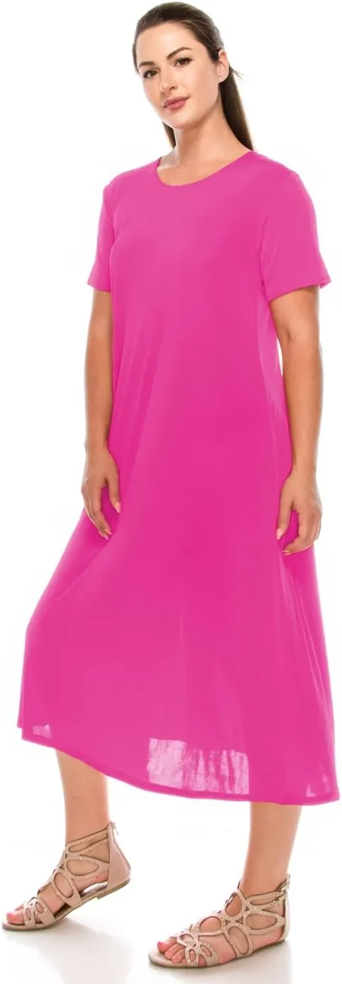 Jostar Women's Basic Midi Dress – Short Sleeve Basic Stretch Casual Swing Flowy T Shirt Long One Piece