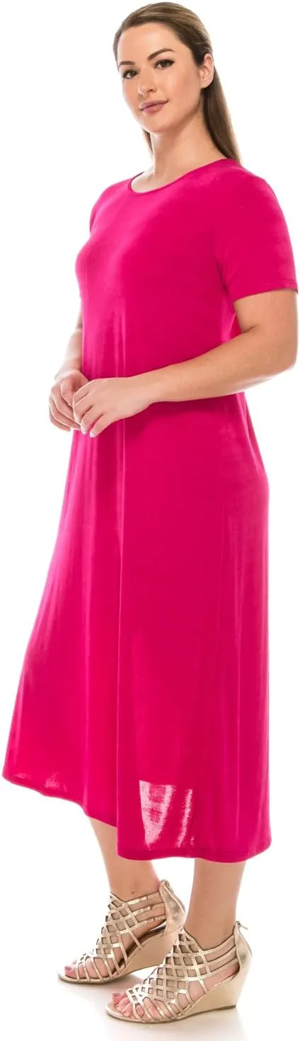 Jostar Women's Basic Midi Dress – Short Sleeve Basic Stretch Casual Swing Flowy T Shirt Long One Piece