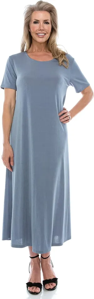 Jostar Women's Basic Midi Dress – Short Sleeve Basic Stretch Casual Swing Flowy T Shirt Long One Piece