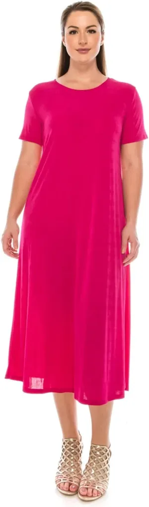 Jostar Women's Basic Midi Dress – Short Sleeve Basic Stretch Casual Swing Flowy T Shirt Long One Piece