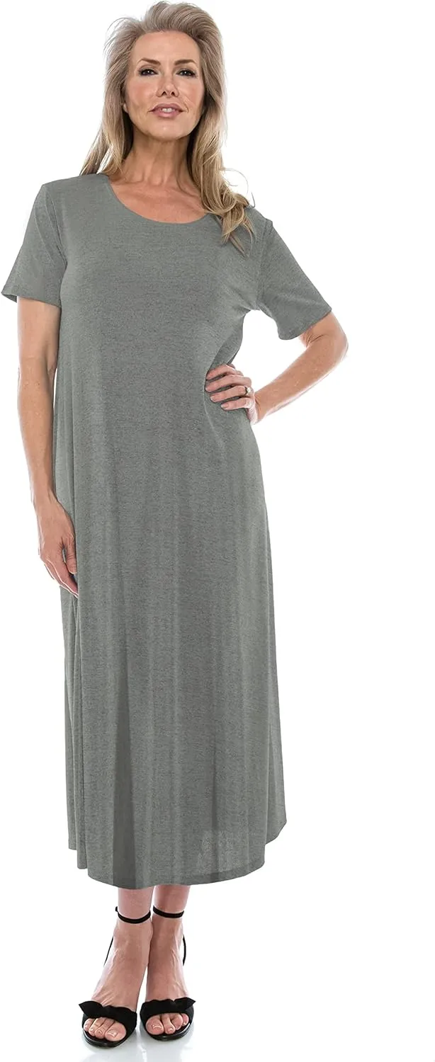 Jostar Women's Basic Midi Dress – Short Sleeve Basic Stretch Casual Swing Flowy T Shirt Long One Piece