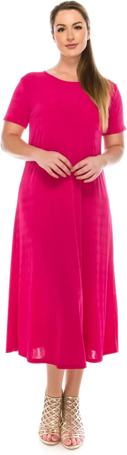 Jostar Women's Basic Midi Dress – Short Sleeve Basic Stretch Casual Swing Flowy T Shirt Long One Piece