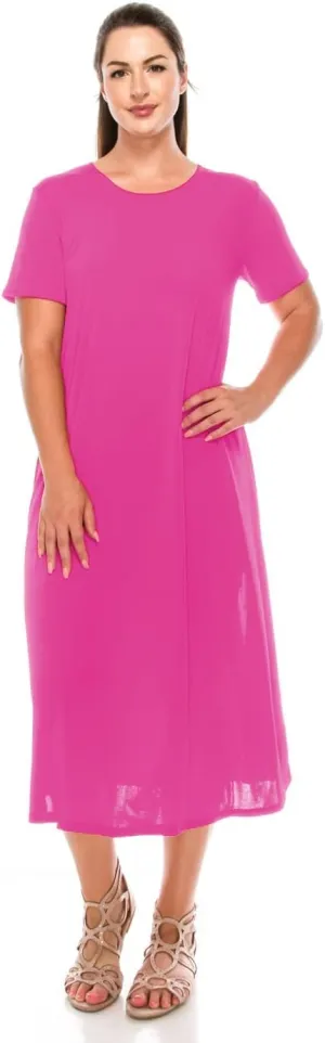 Jostar Women's Basic Midi Dress – Short Sleeve Basic Stretch Casual Swing Flowy T Shirt Long One Piece
