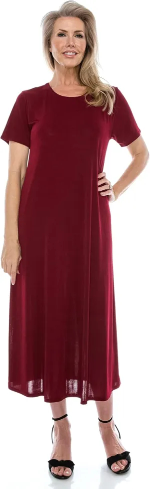 Jostar Women's Basic Midi Dress – Short Sleeve Basic Stretch Casual Swing Flowy T Shirt Long One Piece