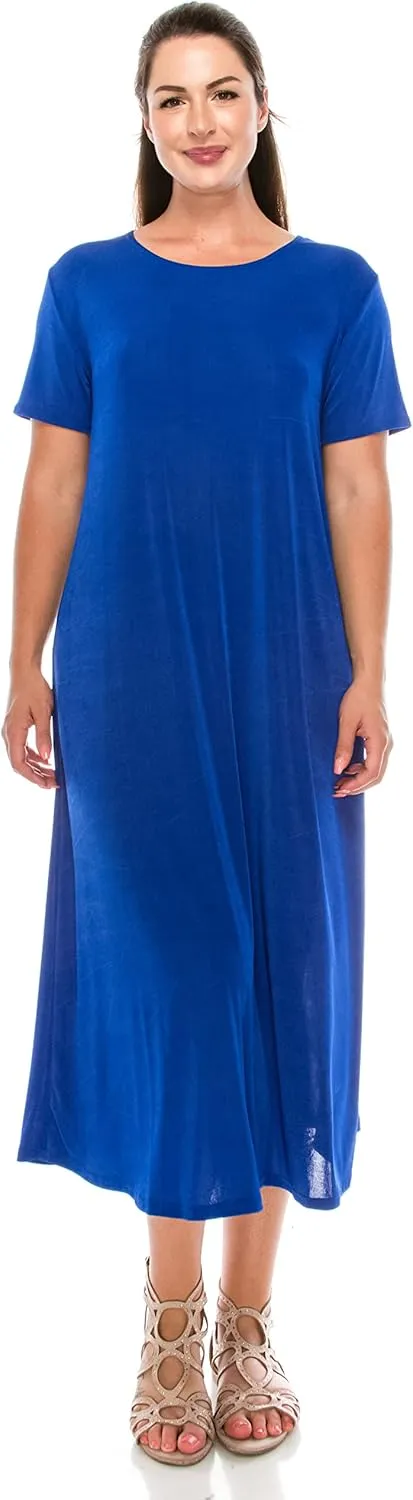 Jostar Women's Basic Midi Dress – Short Sleeve Basic Stretch Casual Swing Flowy T Shirt Long One Piece