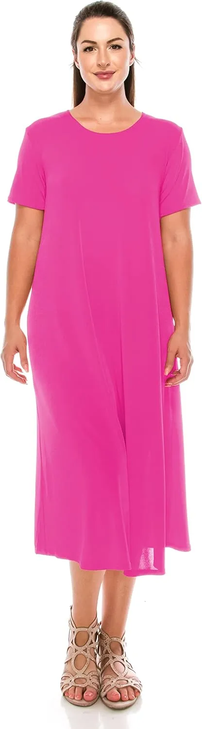 Jostar Women's Basic Midi Dress – Short Sleeve Basic Stretch Casual Swing Flowy T Shirt Long One Piece