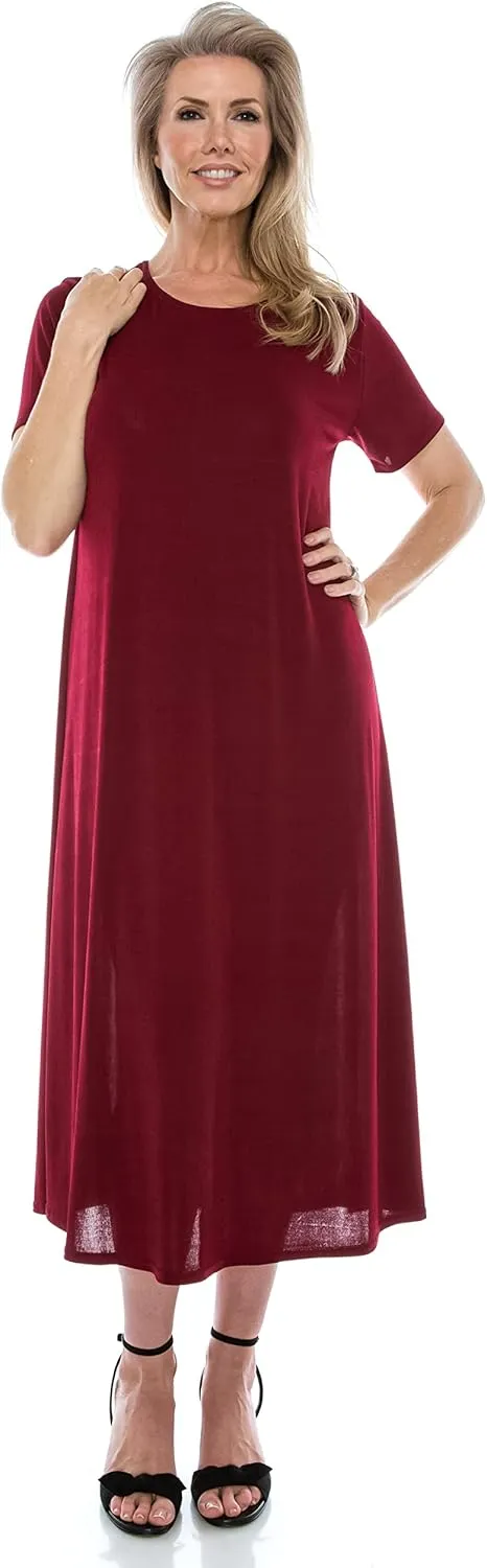 Jostar Women's Basic Midi Dress – Short Sleeve Basic Stretch Casual Swing Flowy T Shirt Long One Piece