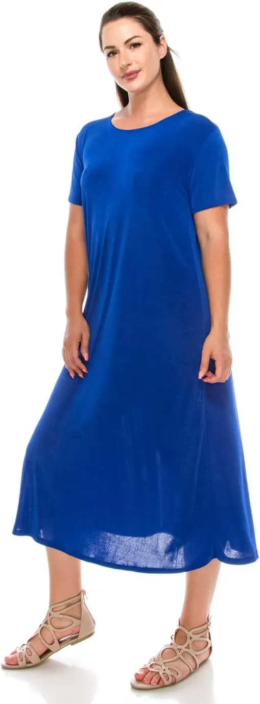 Jostar Women's Basic Midi Dress – Short Sleeve Basic Stretch Casual Swing Flowy T Shirt Long One Piece