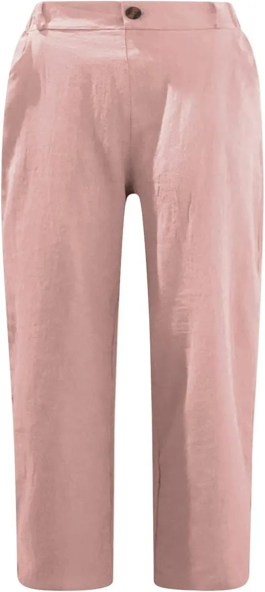 jovati Capri Pants for Women Casual 2023 Summer Drawstring Elastic High Waist Linen Pant Straight Wide Leg Cropped Trouser
