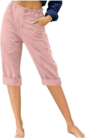 jovati Capri Pants for Women Casual 2023 Summer Drawstring Elastic High Waist Linen Pant Straight Wide Leg Cropped Trouser