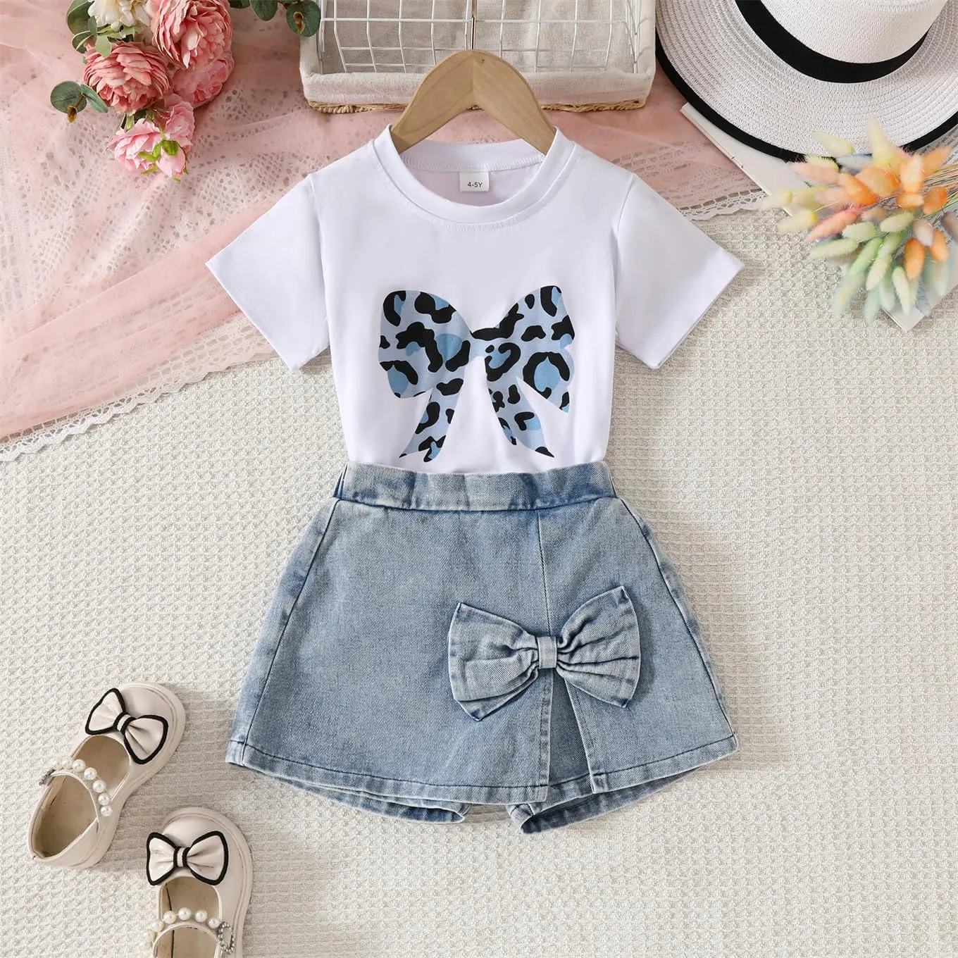 kid Young Girl Clothes Outfits Cute Sweet Bowknot Print T-Shirt   Bowknot 2 In 1 Denim Short Summer Clothing Set