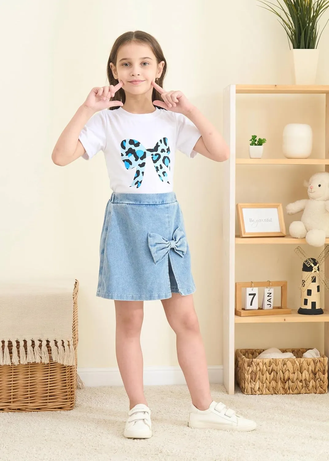 kid Young Girl Clothes Outfits Cute Sweet Bowknot Print T-Shirt   Bowknot 2 In 1 Denim Short Summer Clothing Set