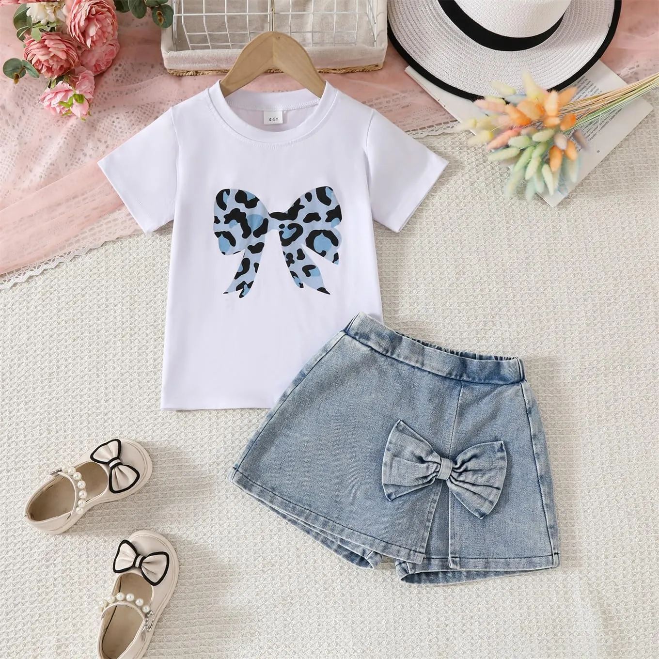 kid Young Girl Clothes Outfits Cute Sweet Bowknot Print T-Shirt   Bowknot 2 In 1 Denim Short Summer Clothing Set