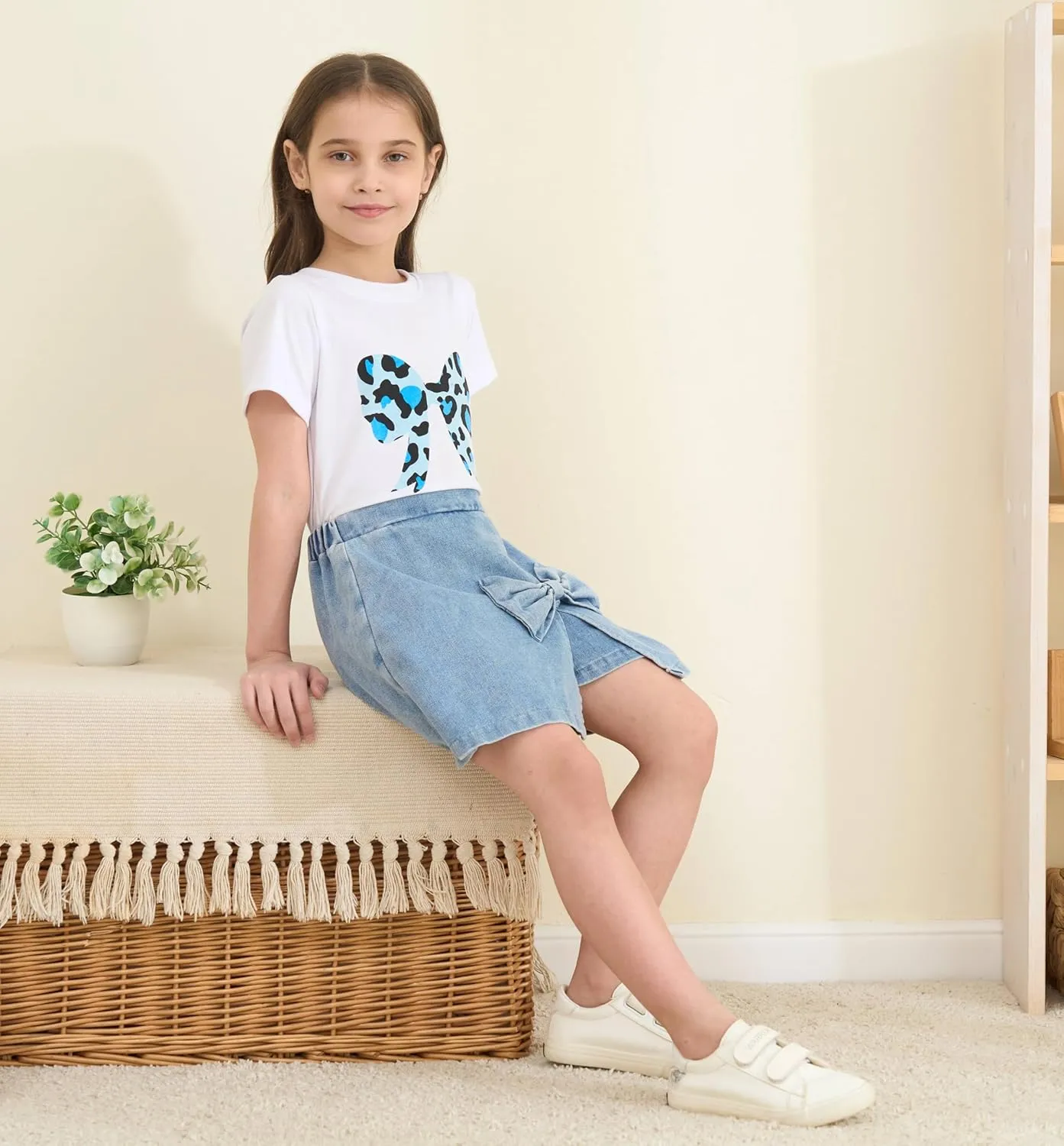 kid Young Girl Clothes Outfits Cute Sweet Bowknot Print T-Shirt   Bowknot 2 In 1 Denim Short Summer Clothing Set