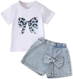 kid Young Girl Clothes Outfits Cute Sweet Bowknot Print T-Shirt   Bowknot 2 In 1 Denim Short Summer Clothing Set