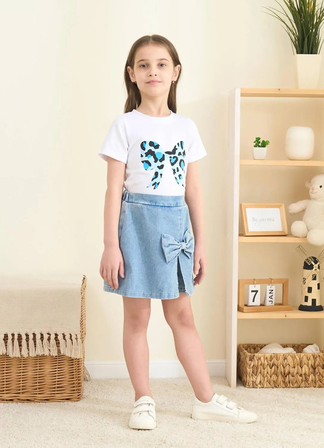 kid Young Girl Clothes Outfits Cute Sweet Bowknot Print T-Shirt   Bowknot 2 In 1 Denim Short Summer Clothing Set