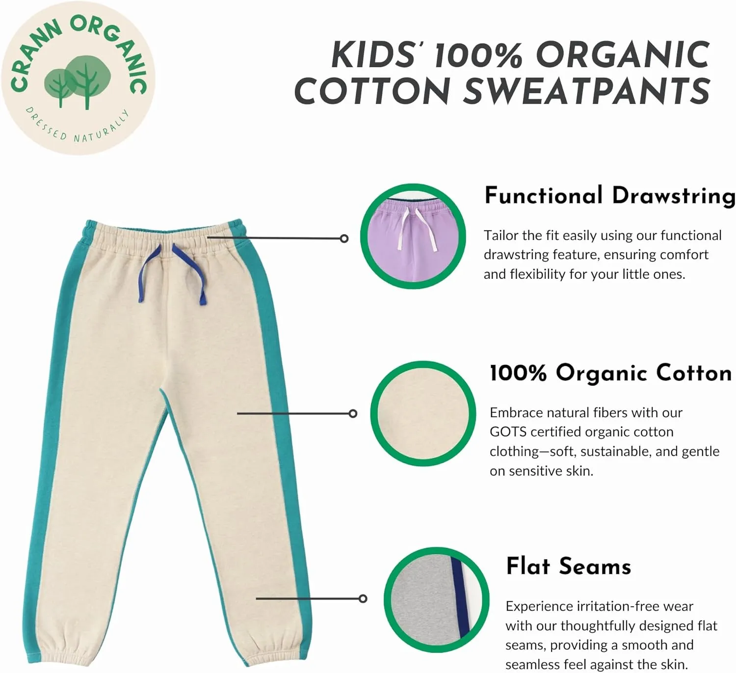 Kids' 100% Cotton Sweatpants, Joggers for Boys and Girls, 100% GOTS Certified Organic Cotton Clothing