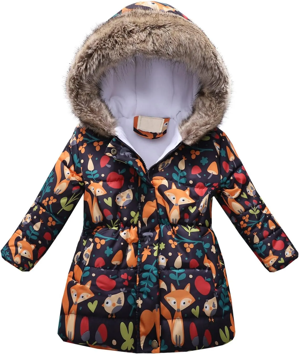 Kids Boys Girls Floral Print Winter Coat Cotton Parka Hooded Snowsuit Warm Fur Hooded Down Windproof Puffer Jacket (Black-01, 2-3 Years)