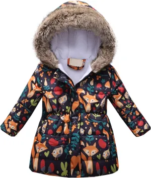 Kids Boys Girls Floral Print Winter Coat Cotton Parka Hooded Snowsuit Warm Fur Hooded Down Windproof Puffer Jacket (Black-01, 2-3 Years)