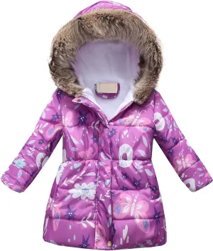 Kids Boys Girls Floral Print Winter Coat Cotton Parka Hooded Snowsuit Warm Fur Hooded Down Windproof Puffer Jacket (Purple-01, 6-7 Years)