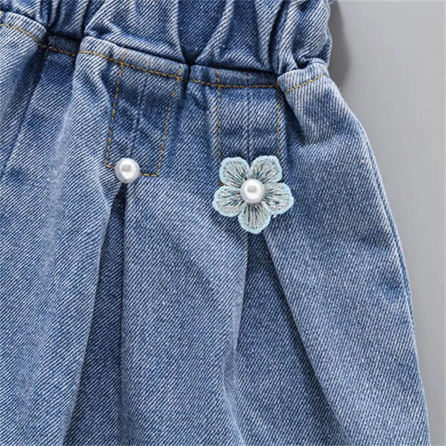 Kids Girl Denim Shorts Flower Elastic High Waisted Straight Wide Leg Summer Cute Jeans Childrens Teens Casual Shorts