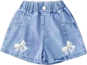 Kids Girl Denim Shorts Flower Elastic High Waisted Straight Wide Leg Summer Cute Jeans Childrens Teens Casual Shorts