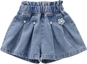 Kids Girl Denim Shorts Flower Elastic High Waisted Straight Wide Leg Summer Cute Jeans Childrens Teens Casual Shorts