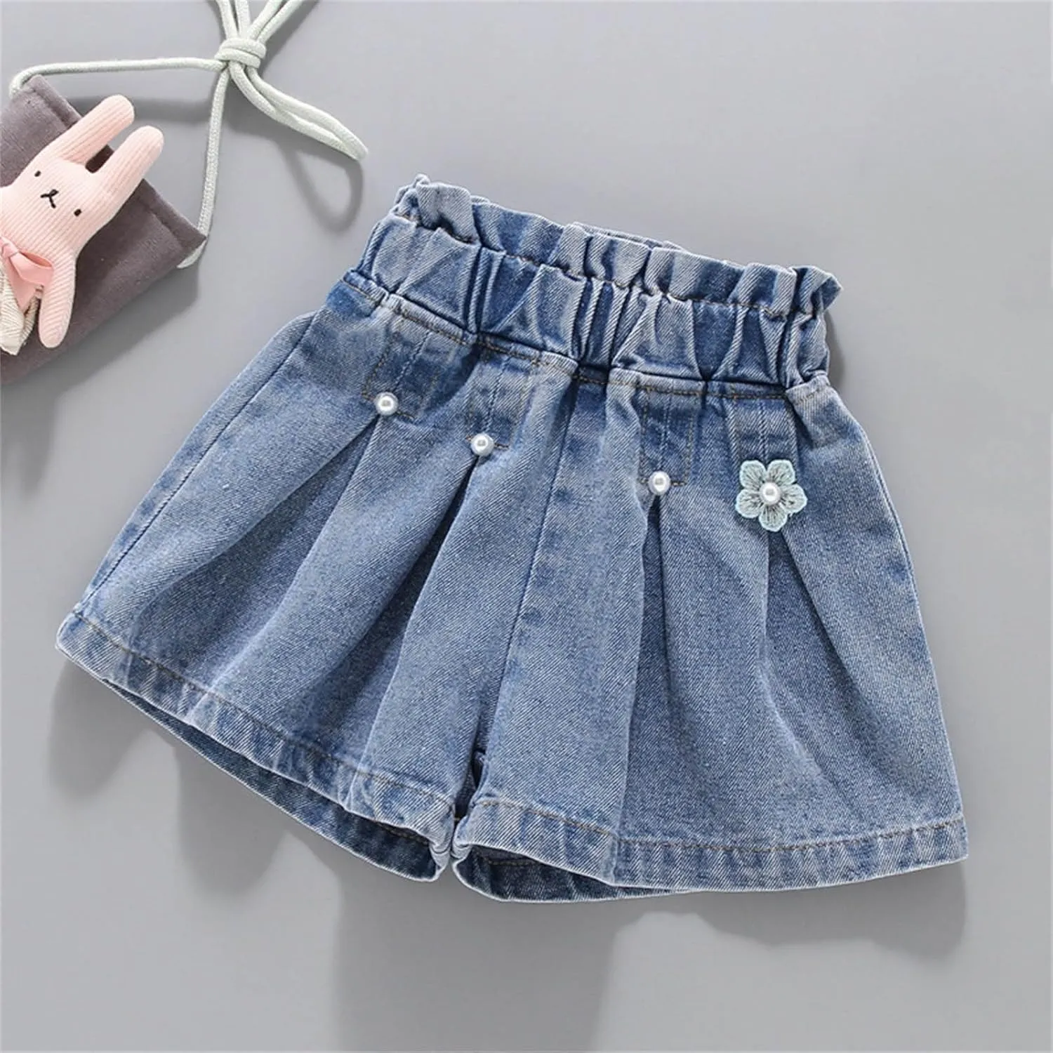 Kids Girl Denim Shorts Flower Elastic High Waisted Straight Wide Leg Summer Cute Jeans Childrens Teens Casual Shorts