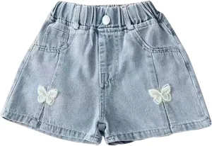 Kids Girl Denim Shorts Flower Elastic High Waisted Straight Wide Leg Summer Cute Jeans Childrens Teens Casual Shorts