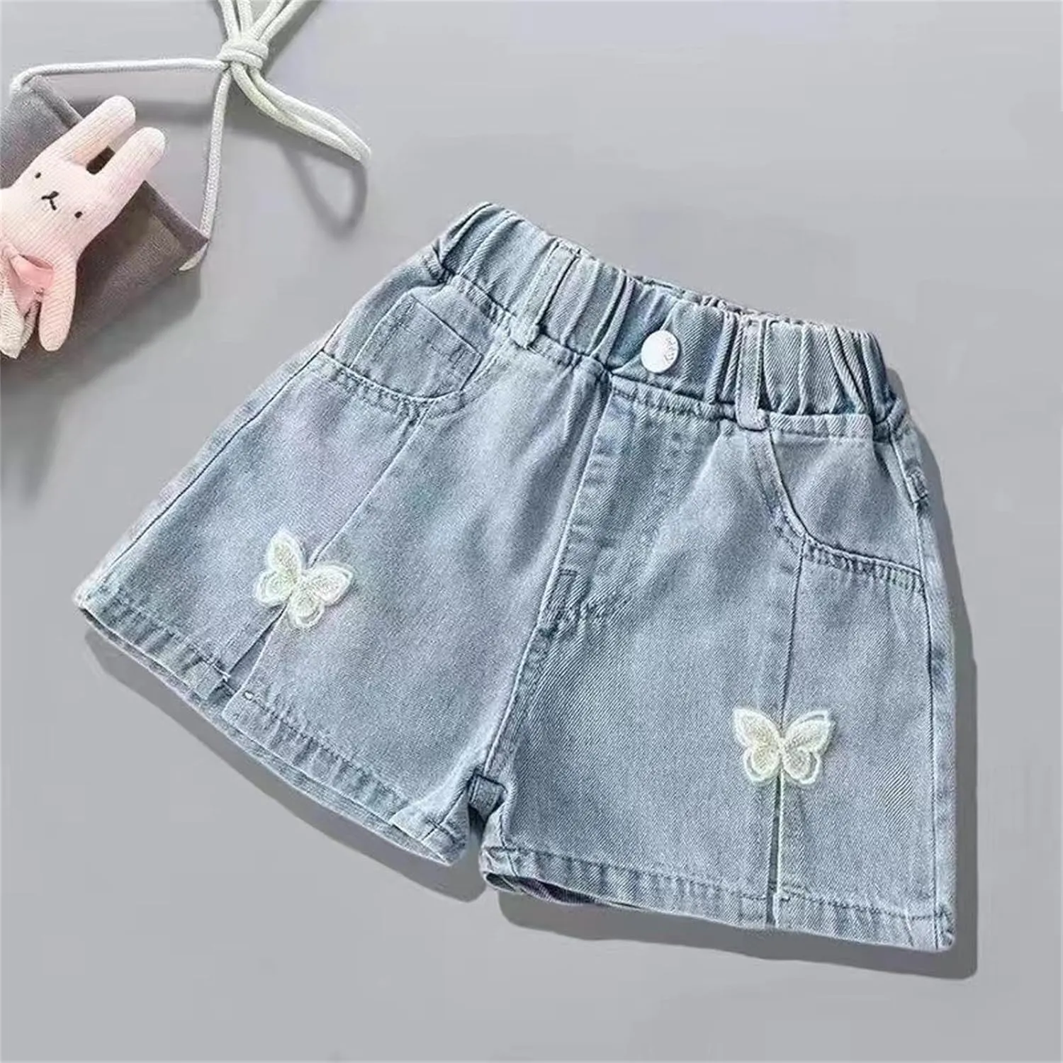 Kids Girl Denim Shorts Flower Elastic High Waisted Straight Wide Leg Summer Cute Jeans Childrens Teens Casual Shorts