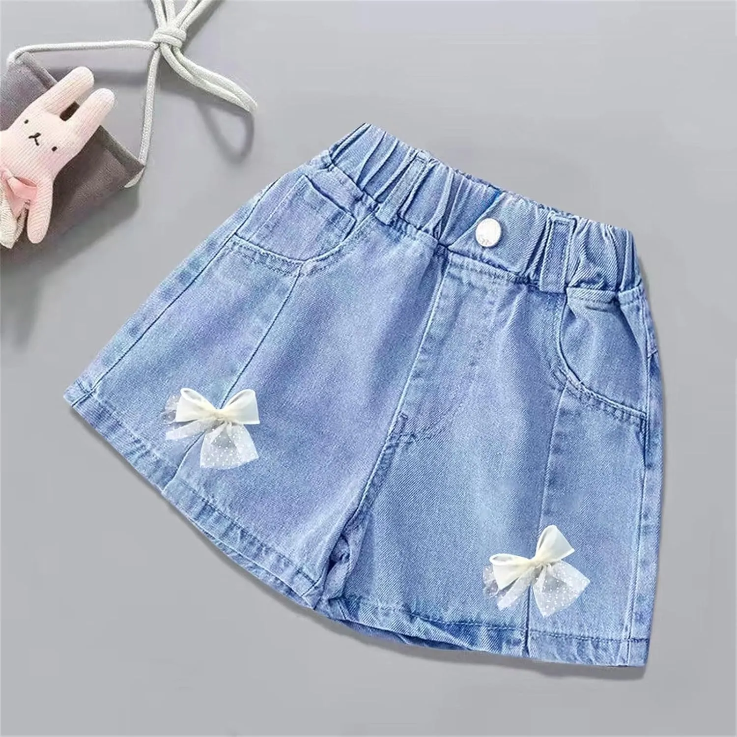 Kids Girl Denim Shorts Flower Elastic High Waisted Straight Wide Leg Summer Cute Jeans Childrens Teens Casual Shorts