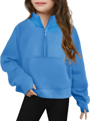 Kids Preppy Sweatshirts for Teen Girls Half Zip Pullover Sweatshirt Long Sleeve Preppy Crop Tops with Thumb Hole