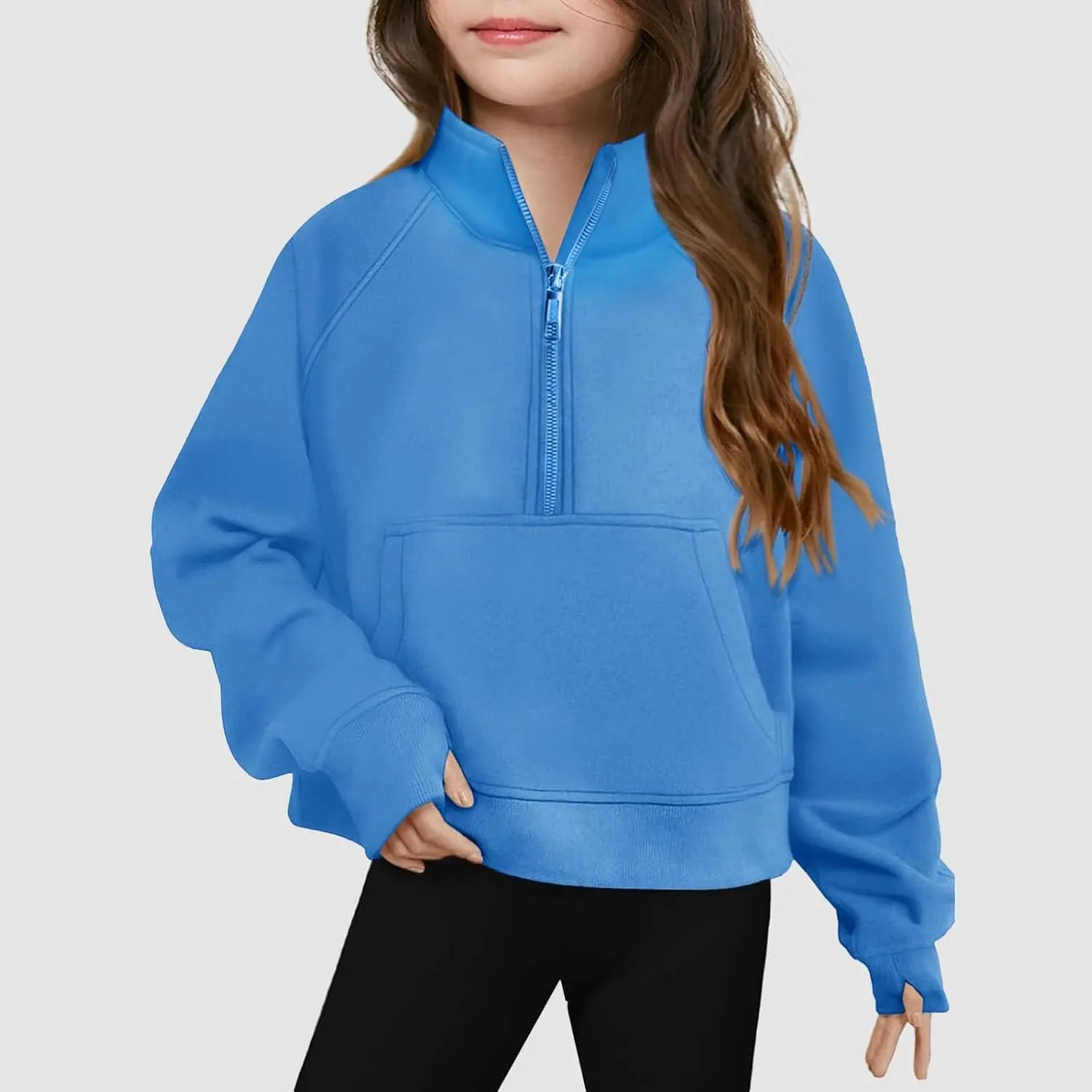 Kids Preppy Sweatshirts for Teen Girls Half Zip Pullover Sweatshirt Long Sleeve Preppy Crop Tops with Thumb Hole