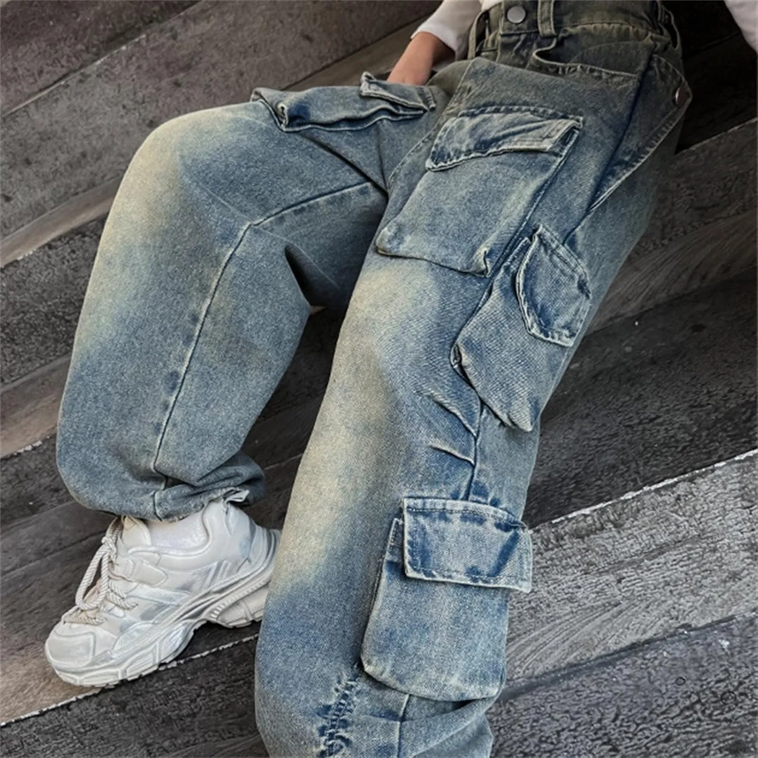 Kids Teen Cargo Baggy Jeans Boys Girls Loose High Waist Straight Vintage Casual Wide Leg Hip Hop Pants Trousers