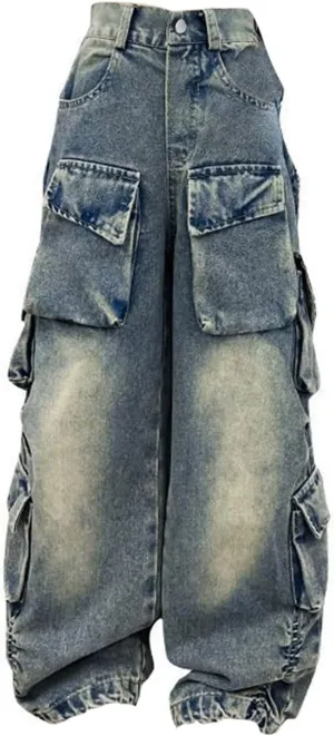 Kids Teen Cargo Baggy Jeans Boys Girls Loose High Waist Straight Vintage Casual Wide Leg Hip Hop Pants Trousers