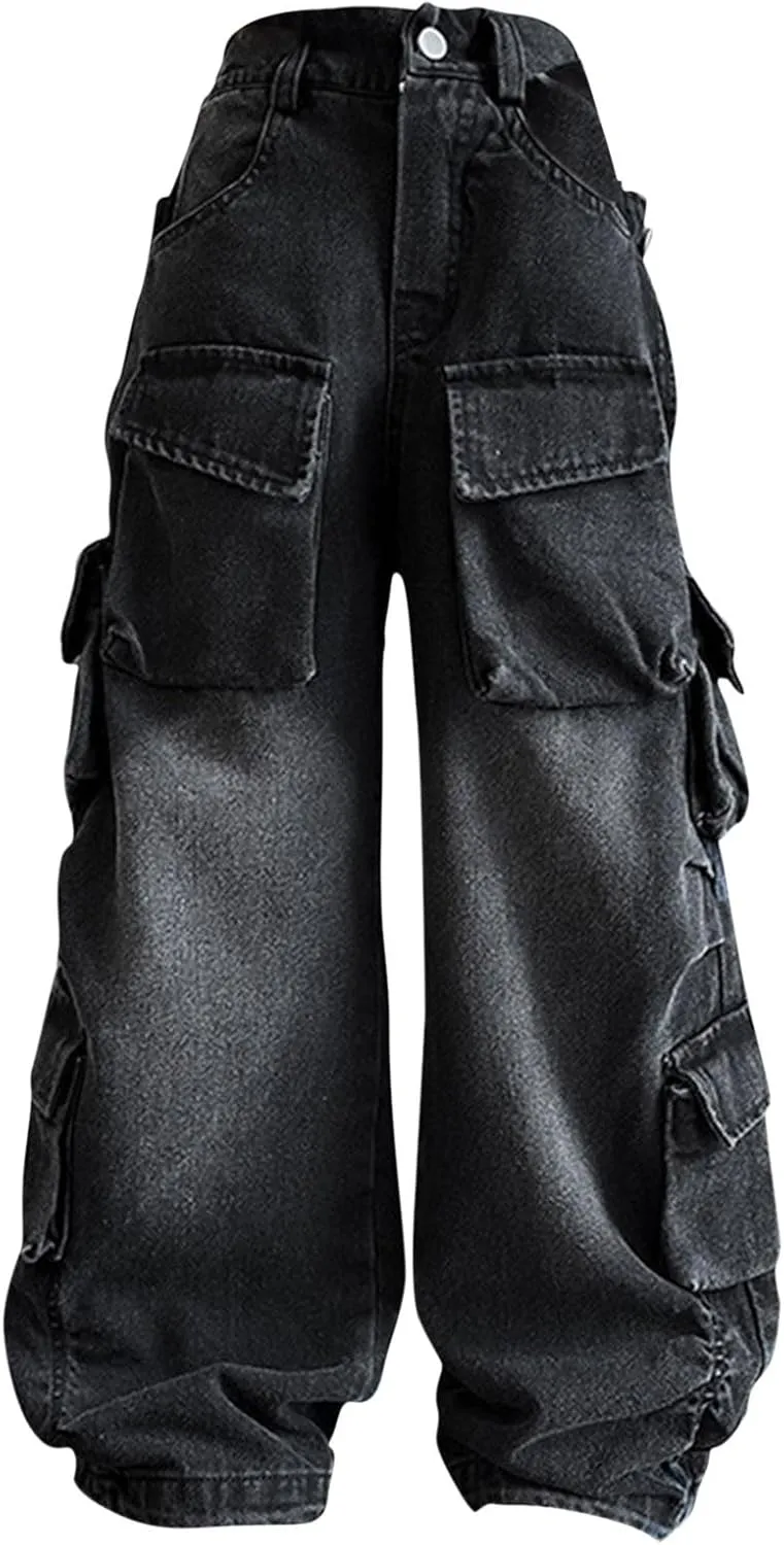 Kids Teen Cargo Baggy Jeans Boys Girls Loose High Waist Straight Vintage Casual Wide Leg Hip Hop Pants Trousers