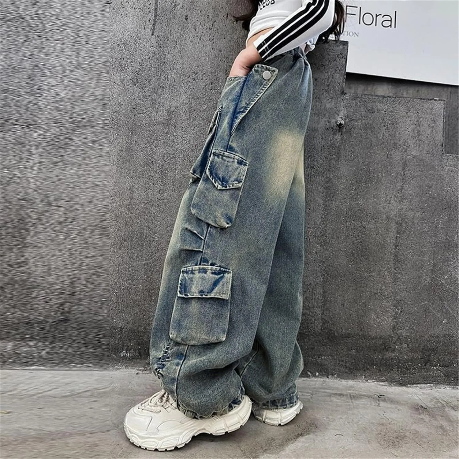 Kids Teen Cargo Baggy Jeans Boys Girls Loose High Waist Straight Vintage Casual Wide Leg Hip Hop Pants Trousers