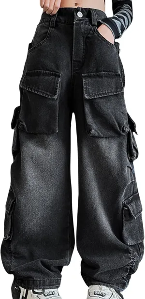 Kids Teen Cargo Baggy Jeans Boys Girls Loose High Waist Straight Vintage Casual Wide Leg Hip Hop Pants Trousers