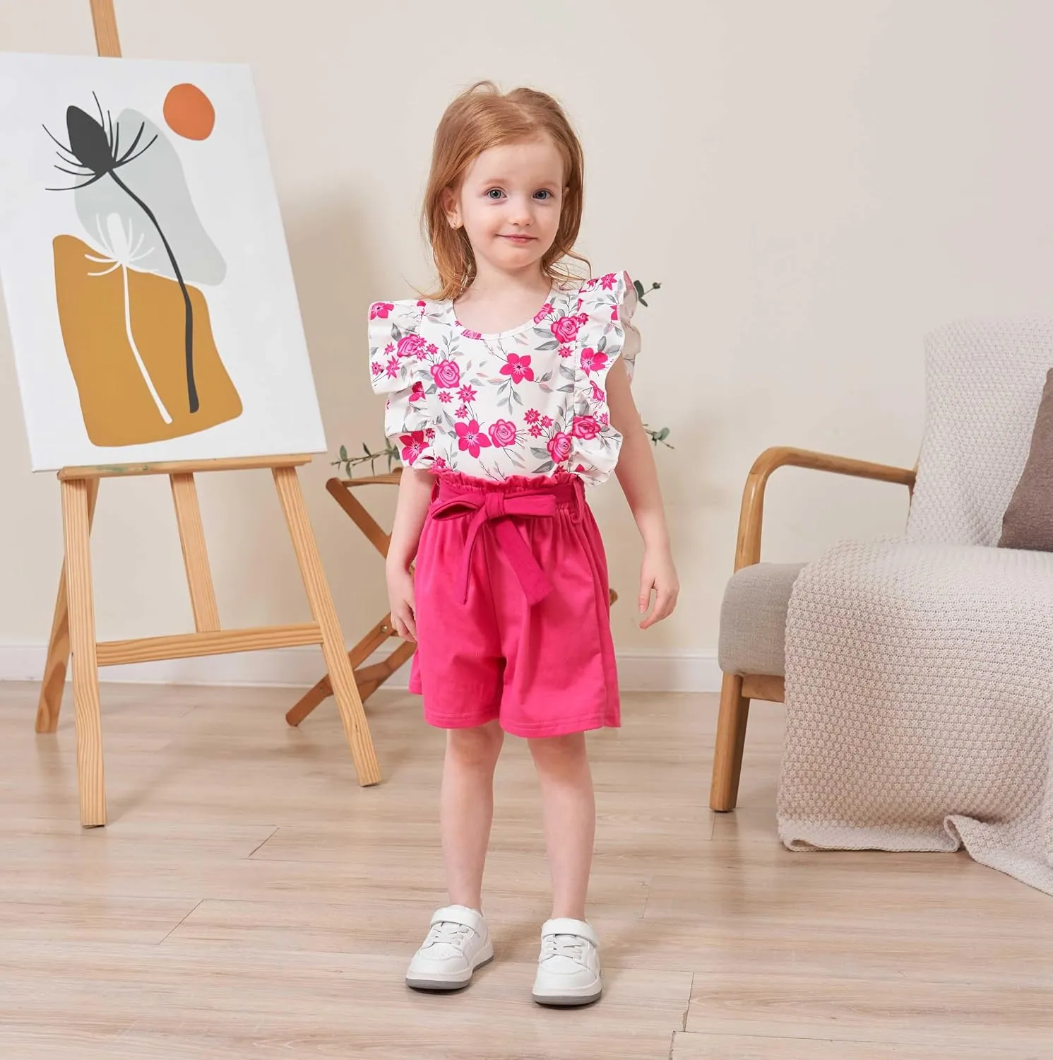 Kids Toddler Girls Clothes Outfits Floral Print Ruffle Sleeveless Top Belted Shorts Set Summer Clothing Set