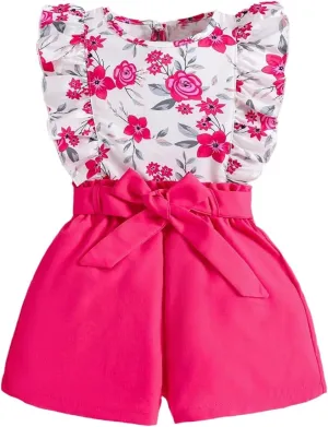 Kids Toddler Girls Clothes Outfits Floral Print Ruffle Sleeveless Top Belted Shorts Set Summer Clothing Set