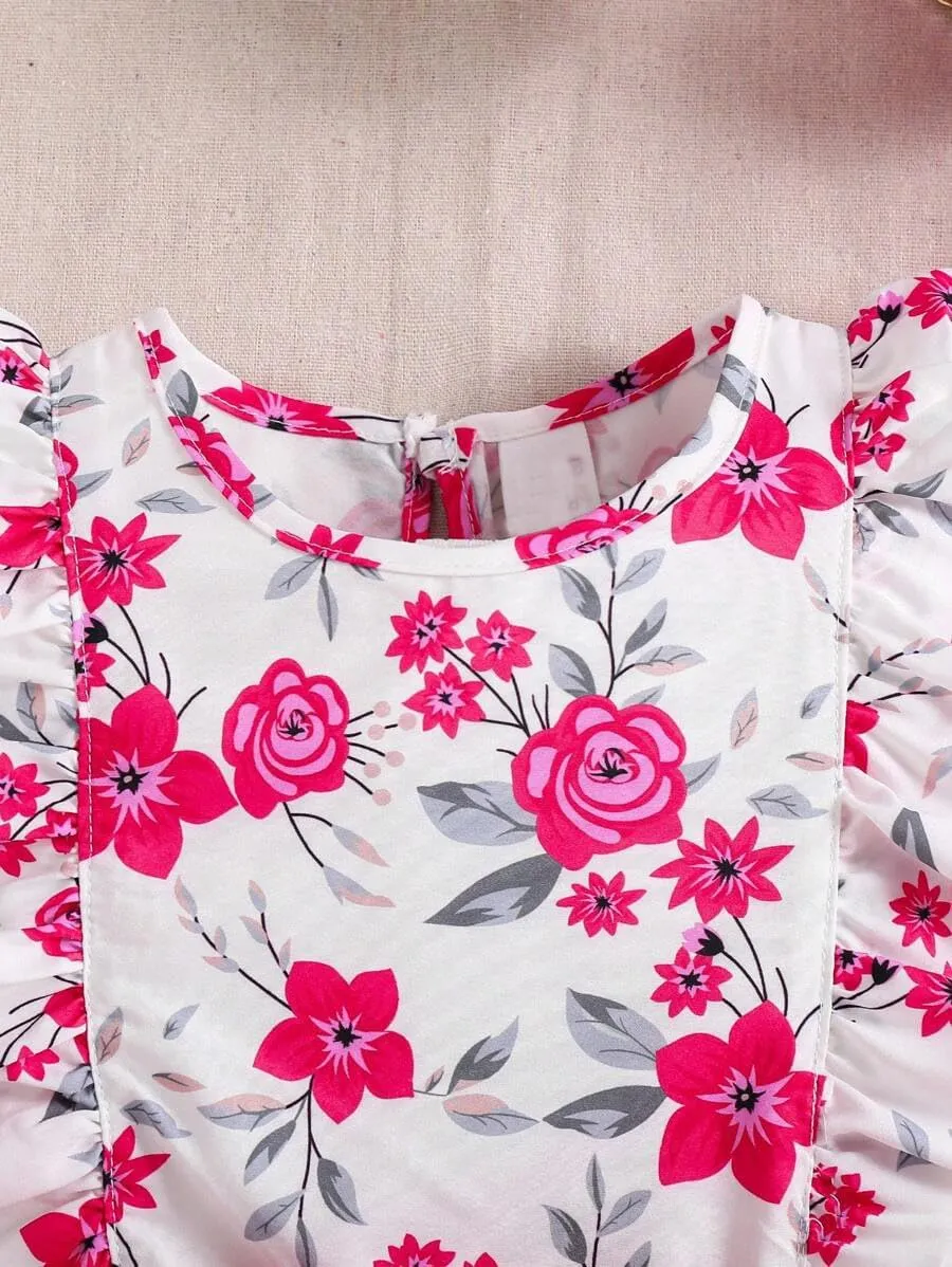 Kids Toddler Girls Clothes Outfits Floral Print Ruffle Sleeveless Top Belted Shorts Set Summer Clothing Set