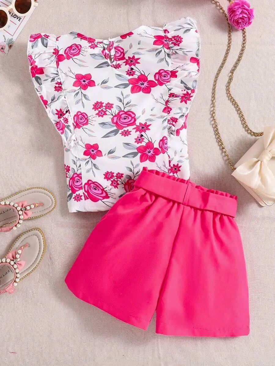 Kids Toddler Girls Clothes Outfits Floral Print Ruffle Sleeveless Top Belted Shorts Set Summer Clothing Set